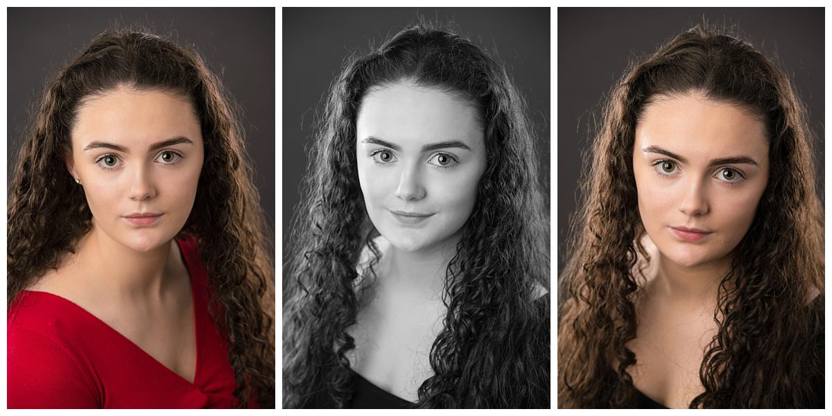 Three Professional headshot photograph taken by Northern Ireland's top headshot photographer in Belfast of a girl in three poses two in colour one black and white