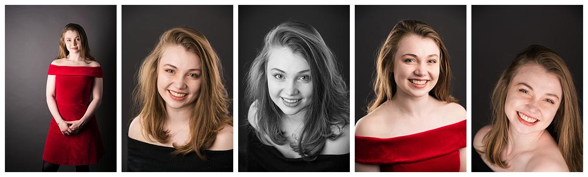 A collage of 5 Professional headshot photograph taken by Northern Ireland's top headshot photographer in Belfast of a girl from northern Ireland Opera 