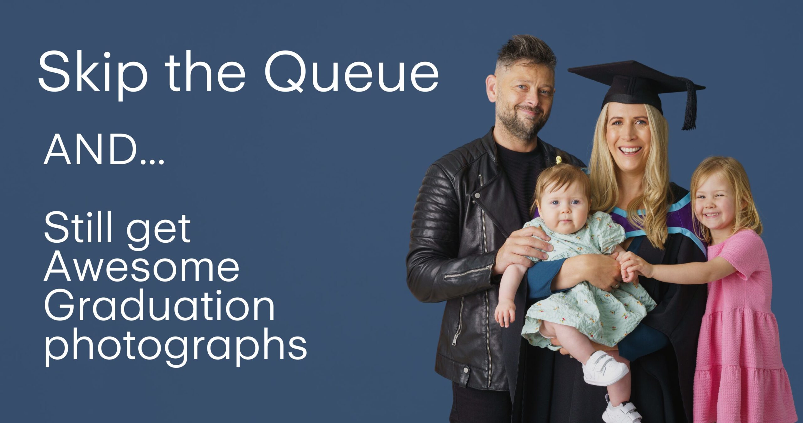 Professional Graduation photograph taken by Northern Ireland's top Graduation photographer in Belfast of a a female graduate with her husband and 2 children on a navy blue backdrop