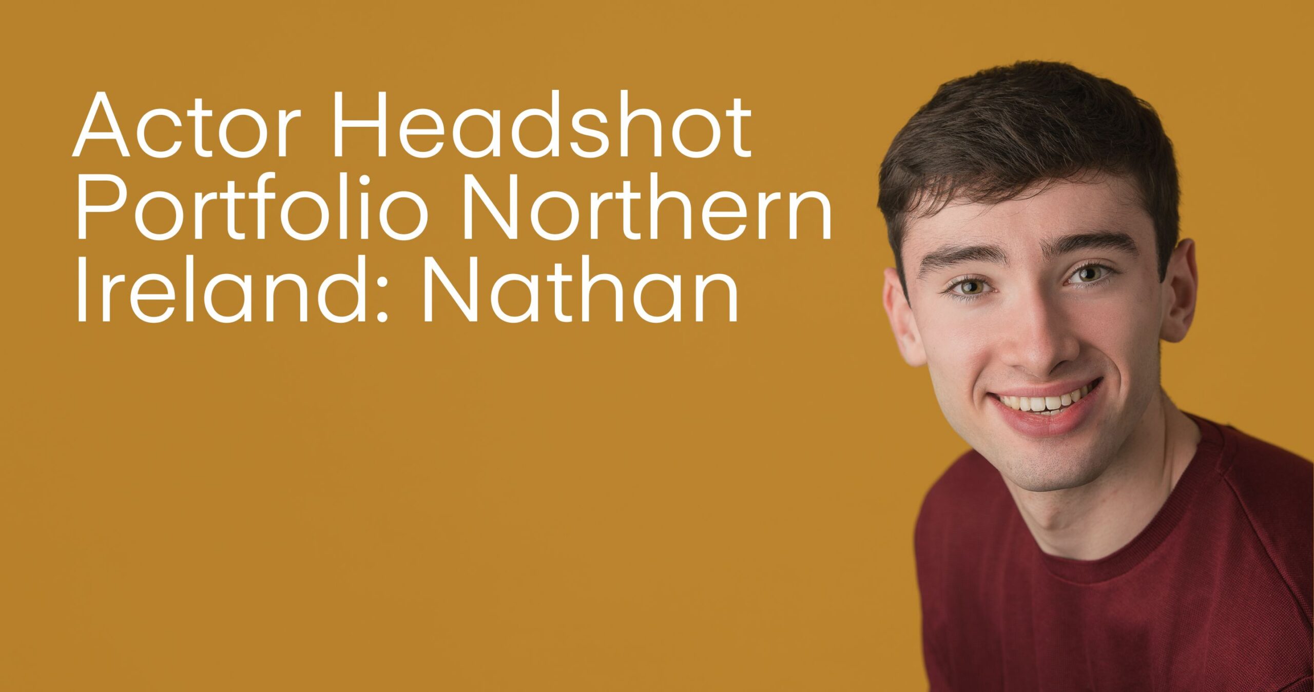 Professional headshot photograph taken by Northern Ireland's top headshot photographer in Belfast of a young actor straight on to camera wearing a red top on a mustard backdrop