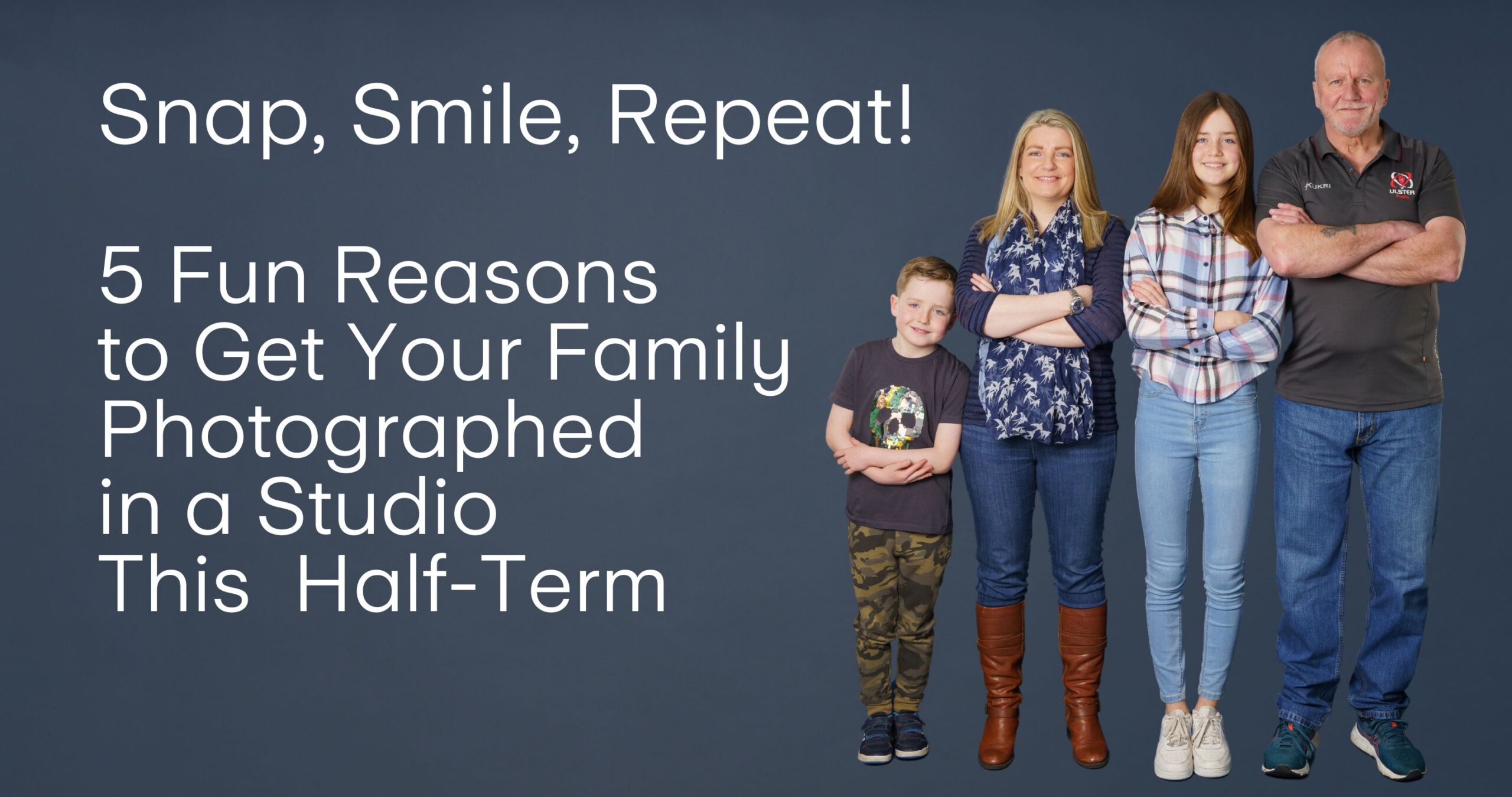 Professional Family photograph taken by one of Northern Ireland's top Family photographers in Belfast of parents and their children stood in a line on a navy blue backdrop